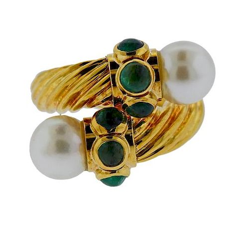 18k Gold Emerald Pearl Bypass Cable Ring 