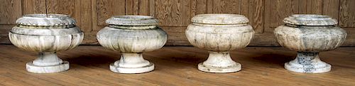 SET OF FOUR MARBLE GARDEN URNS FLUTED BODY CARVED RIM