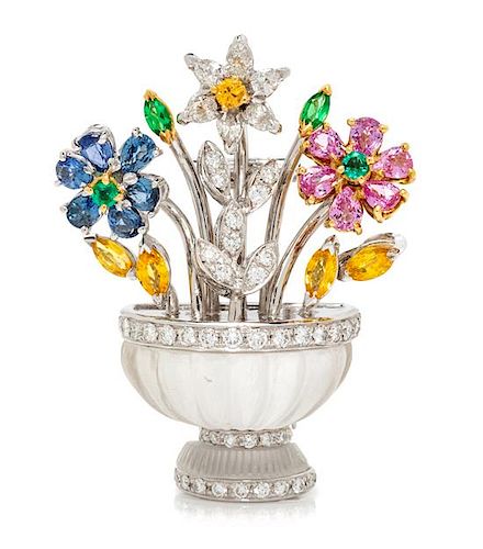 An 18 Karat Bicolor Gold, Diamond, Sapphire, Emerald and Rock Crystal 'Giardinetti' Brooch, Italian, 14.40 dwts.
