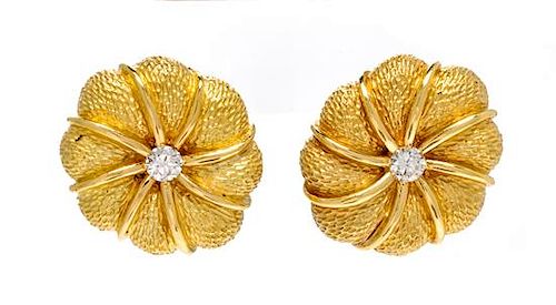 A Pair of 18 Karat Yellow Gold and Diamond Flower Earclips, Tiffany & Co., Italy, 17.90 dwts.
