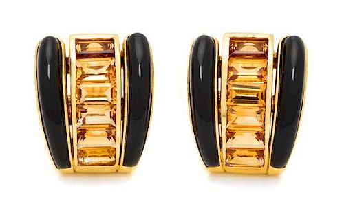 A Pair of 18 Karat Yellow Gold, Citrine and Onyx Earclips, Sabbadini, 14.90 dwts.