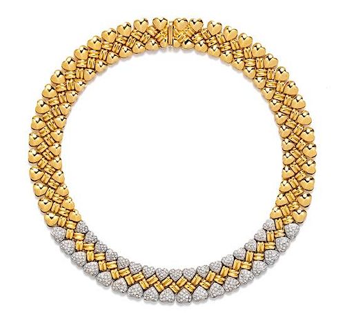 An 18 Karat Bicolor Gold and Diamond Heart Motif Collar Necklace, 99.20 dwts.