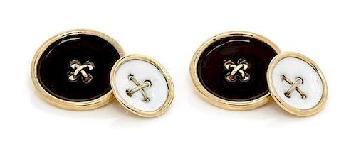 A Pair of Yellow Gold and Polychrome Enamel Button Motif Cufflinks, 8.00 dwts.