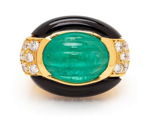 An 18 Karat Yellow Gold, Emerald, Diamond and Onyx Ring, 14.30 dwts.