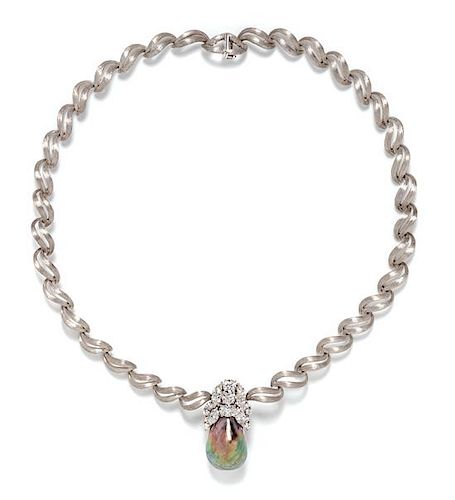 A Platinum, Cultured Baroque Tahitian Pearl and Diamond Necklace, Henry Dunay, 66.00 dwts.