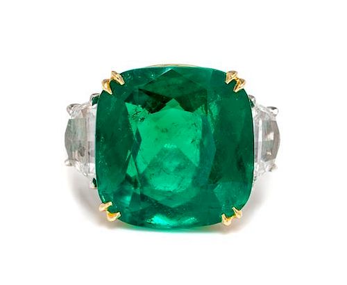 A Platinum, 18 Karat Yellow Gold, Emerald and Diamond Ring,