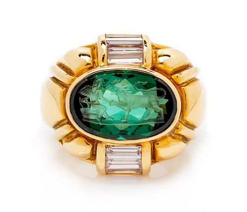 An 18 Karat Yellow Gold, Green Tourmaline Intaglio and Diamond Ring, Susan Berman, 11.90 dwts.