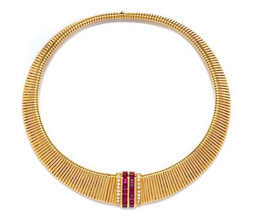 An 18 Karat Yellow Gold, Ruby and Diamond Tubogas Collar Necklace, Italian, 65.20 dwts.