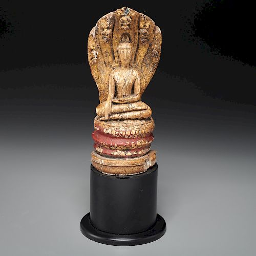 Antique gilt and painted carved sitting Buddha