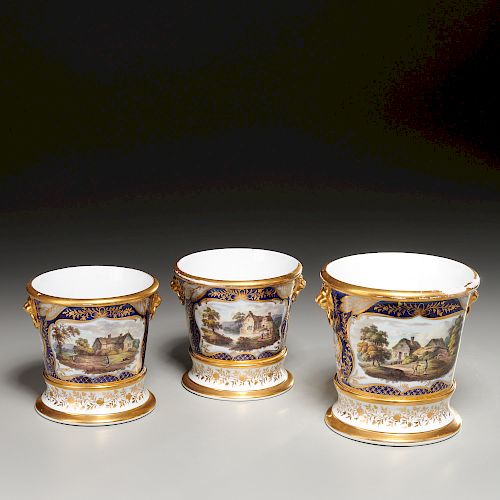 Set (3) Derby porcelain flower pots and stands