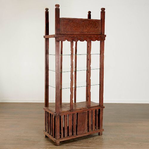 Spanish Colonial carved teak pillow rack etagere