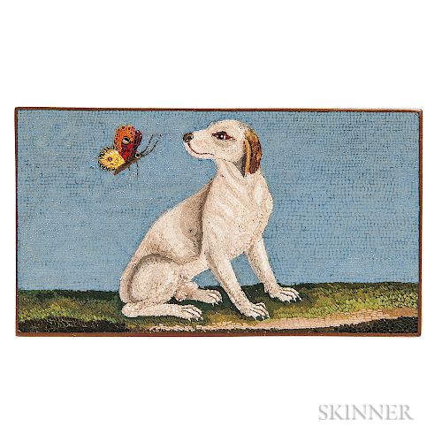 Fine Antique Micromosaic Panel, 19th century, depicting a dog in a landscape admiring a butterfly, 2 3/4 x 1 1/2 in.