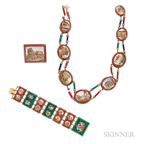 Antique Micromosaic Suite, comprising a necklace, bracelet, and brooch, with goldstone and hardstone accents, gold mounts, lg. 16 1/2,