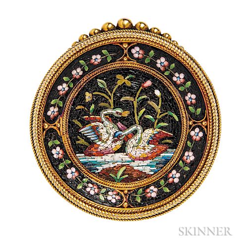 Antique Gold and Micromosaic Brooch, depicting swans, ropework accents, dia. 1 3/8 in.
