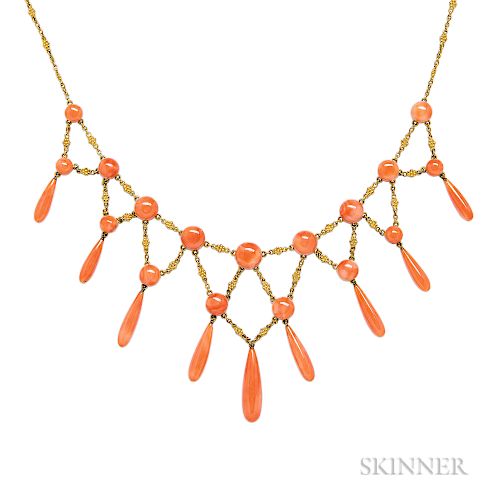 Antique Gold and Coral Fringe Necklace, the button coral suspending drops, joined by floret links, lg. 15 in.