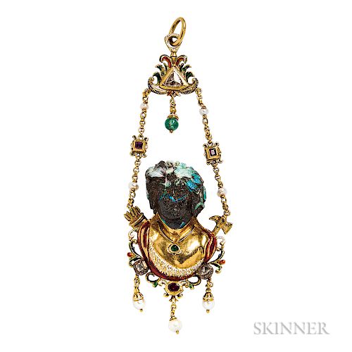 Unusual Renaissance Revival Gold Gem-set Pendant, late 19th century, designed as an American Indian with carved opal head, wearing a fe