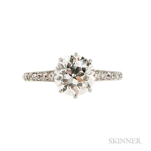 Edwardian Diamond Solitaire, prong-set with an old European-cut diamond weighing approx. 1.85 cts., the shoulders set with old European