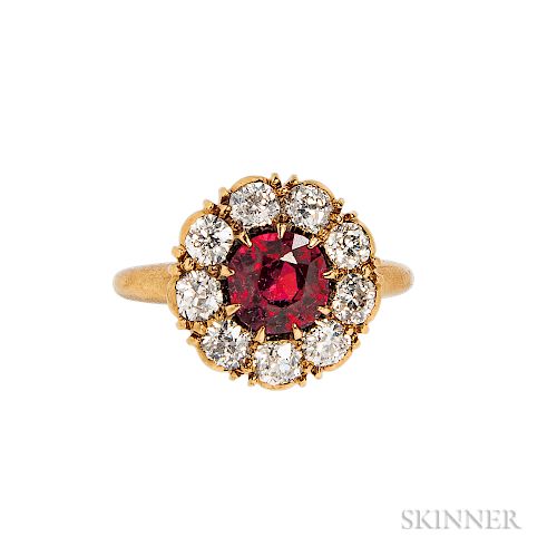 Antique 18kt Gold, Ruby, and Diamond Ring, c. 1900, set with a cushion-cut ruby measuring approx. 5.50 to 6.00 x 3.90 mm, framed by old