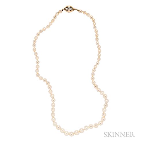 Natural Pearl Necklace, composed of seventy-one pearls graduating in size from approx. 4.08 to 6.85 mm, completed by a 14kt gold and di