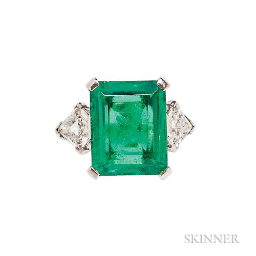 Platinum, Emerald, and Diamond Ring, J.E. Caldwell & Co., c. 1940s, prong-set with an emerald-cut emerald measuring approx. 13.07 x 10.