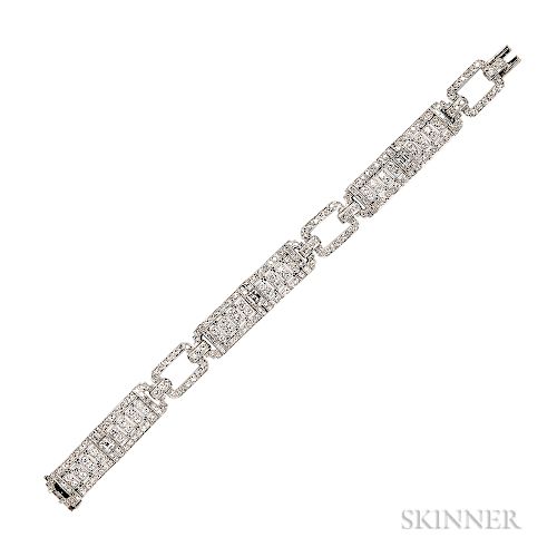 Art Deco Platinum and Diamond Bracelet, retailed by Juergens & Andersen Co., Chicago, set with square-cut diamonds, with full-, single-