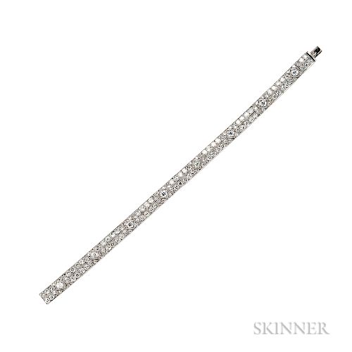 Art Deco Platinum and Diamond Bracelet, set with old European- and old single-cut diamonds, approx. total wt. 6.40 cts., millegrain and