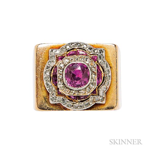 Platinum, Gold, Pink Sapphire, and Diamond Ring, France, centering a converted Edwardian element with bezel-set pink sapphire surrounde