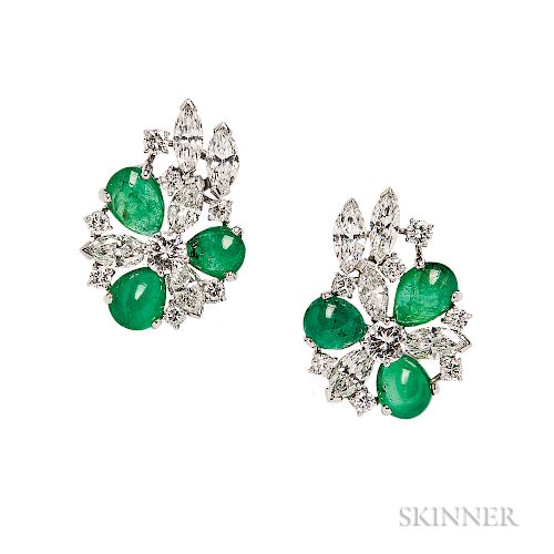 Platinum, Emerald, and Diamond Earclips, c. 1950s, set with full- and marquise-cut diamonds, approx. total wt. 5.60 cts., and cabochon