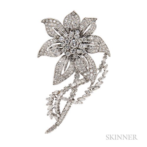 Platinum and Diamond Flower Brooch, set with full-, baguette-, and marquise-cut diamonds, approx. total wt. 8.50 cts., 26.7 dwt, lg. 3