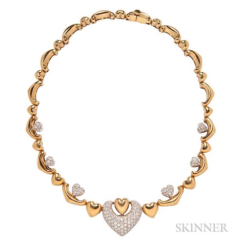 18kt Gold and Diamond Necklace, Italy, with heart-shaped links, bead-set with full-cut diamonds, approx. total wt. 3.50 cts., 60.2 dwt,