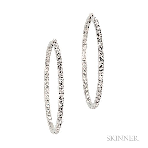 18kt Gold and Diamond Earrings, each hoop bead-set with full-cut diamonds, approx. total wt. 3.75 cts., lg. 1 3/4 in.