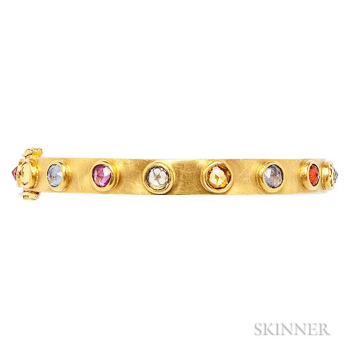 22kt Gold Gem-set "Elizabethan" Bracelet, Stephanie Albertson, retailed by Quadrum, the hinged bangle bezel-set with various colored sa