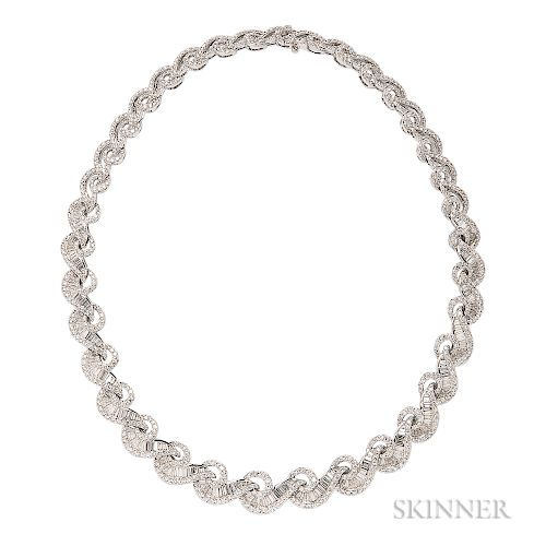 18kt White Gold and Diamond Necklace, set with baguette- and tapered baguette-cut diamonds framed by full-cut diamonds, approx. total w