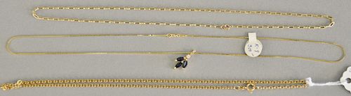 Three piece lot to include 14 karat chain with small sapphire pendant and two small 14 karat gold chains, total weight 11.4 grams.
