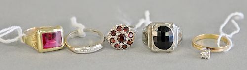 Five piece lot to include 18 karat white gold Victorian ring set with nine red stones, 14 karat with red stone, 14 karat white gold ...