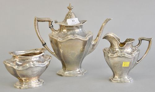 Three piece sterling silver tea set including tea pot, creamer, and sugar. ht. 9 in., 5 3/4 in., & 3 3/4 in.