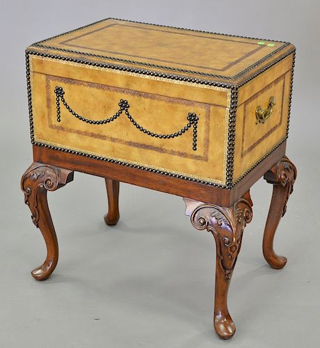 Maitland Smith leather box on mahogany base. ht. 28 in., top: 16 1/2" x 24"