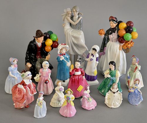 Figural porcelain group to include Royal Doulton Balloon Man and Woman, Lladro, eight small Royal Doulton figures, and six Coalport ...