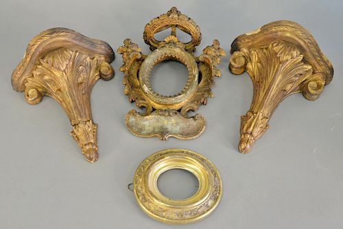 Four piece group to include early Rococo frame, pair of Italian shelves (ht. 9 1/4 in.), and a small gilt frame.