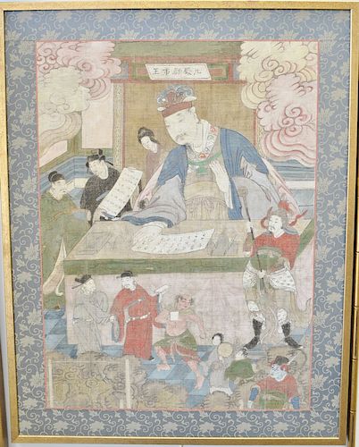Pair of Oriental paintings on cloth, each having scholars amongst immortal figures writing, repaired with newer silk border, 42" x 32".