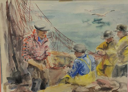 Vollian Burr Rann (1897-1956), 
watercolor on paper, 
original watercolor sketch for "Checking the Nets", 
Found on back of watercol...