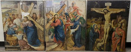 Set of three large religious oil on canvas mounted on panels, 18th/19th century including two with Jesus carrying the cross and one ...