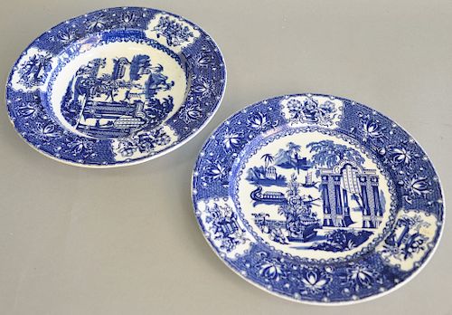 Group of blue and white Copeland plates, bowls, tray, and compote, 31 total pieces.