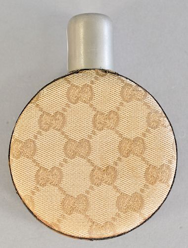 Gucci moon flask having cloth and leather, cover marked Made in Italy by Gucci. ht. 5 1/2 in.