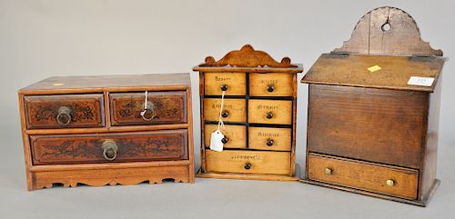 Three piece lot to include a small spice cabinet (ht. 11 in., wd. 8 3/4"), letter box, and three drawer cabinet.