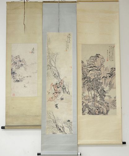 Three Oriental scrolls including mountainous landscape, man dancing, and mountainous landscape with boats. image sizes 26" x 13" to ...