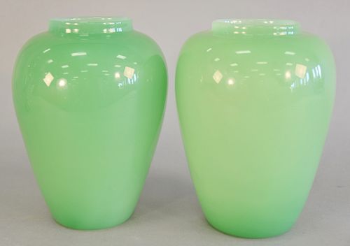 Pair of green jade art glass vases, attributed to Steuben. ht. 9 in.