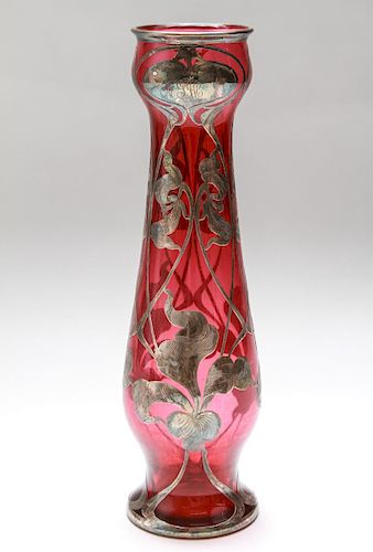 Art Nouveau Cranberry Glass & Silver Overlay Vase