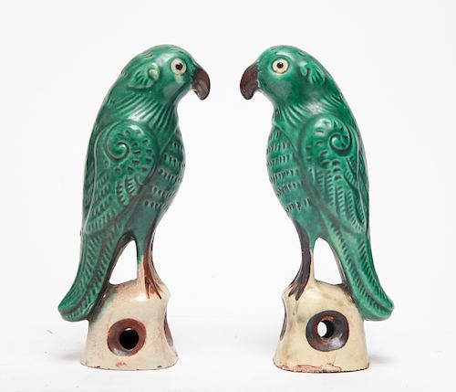 Chinese Qing Green Glazed Pottery Parrots, Pair