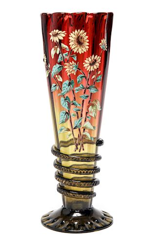 Floral Enamel Fluted Trumpet Art Glass Vase